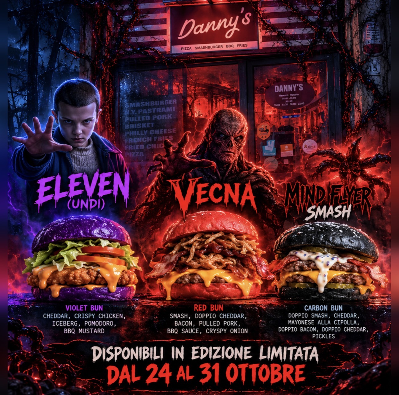Danny’s Halloween Burger: Eleven (Undi), Vecna e Mind Flyer Smash. Disponibili in edizione limitata dal 24 al 31 ottobre.